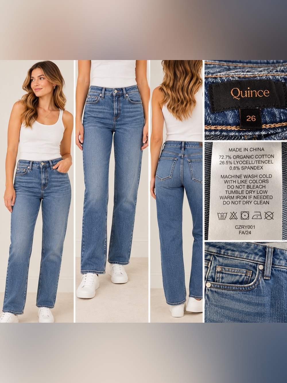 Quince Comfort Stretch High Rise Relaxed Straight Jeans Medium Wash 26